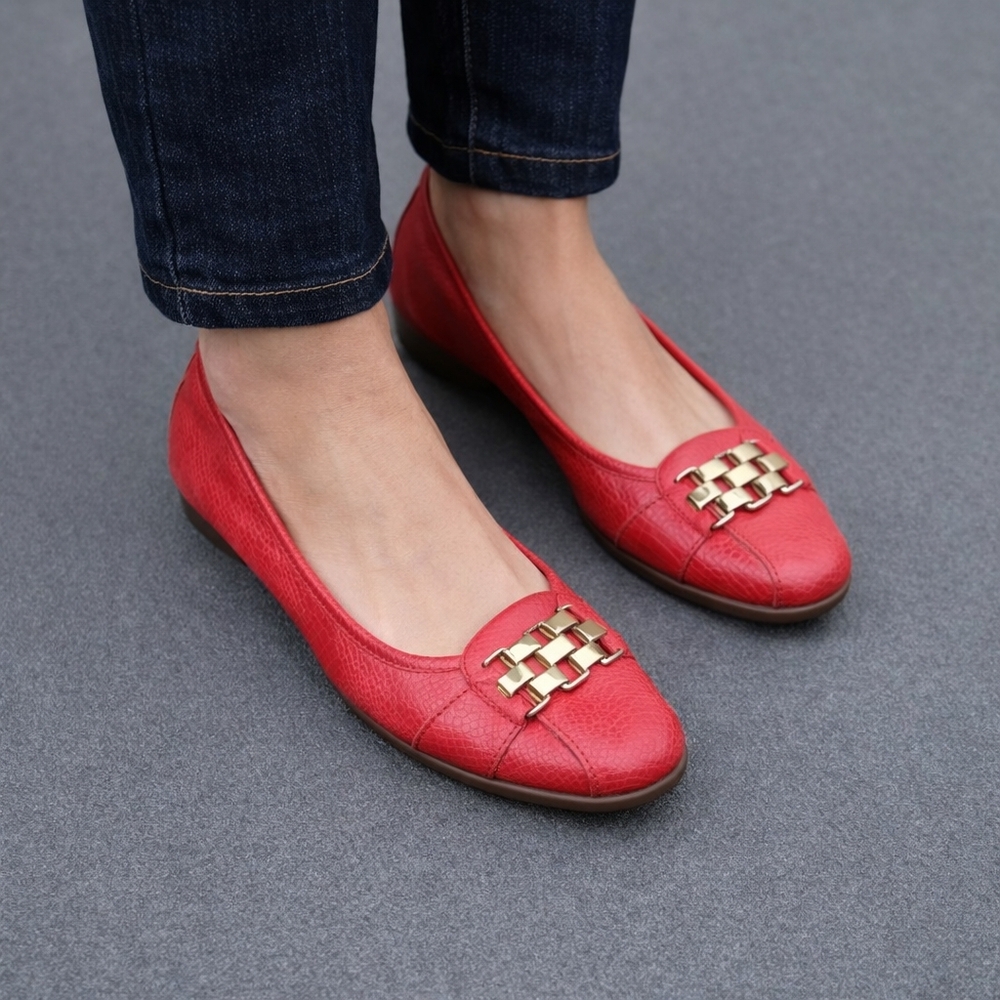 Aerosoles Red Leather Flats Gold Chain Accent Comfort Ballet Shoes